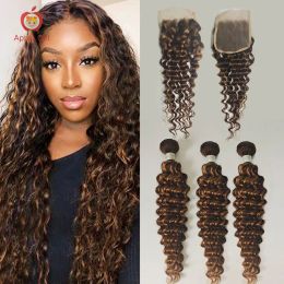 Wigs Deep Wave Bundles With Closure Brazilian Remy Human Hair 3 or 4 Bundles With Lace Closure Highlight 30 Inches Weft Applegirl