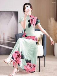 Work Dresses Fashion Flower Summer 2 Pieces Set Women Stand Collar Stretchy Tops High Waist Floral Printed Pleated Skirt Ladies Holiday