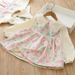 Girl Dresses Spring And Autumn 2024 Baby Girls Dress Floral Corduroy Pointed Collar Pearl Western-style