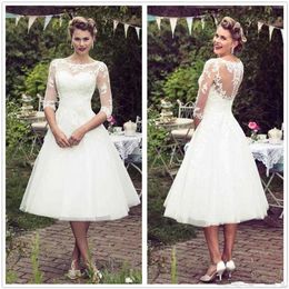 Vintage 50s Style Short Lace Wedding Dresses Half Sleeves Tulle Lace Applique Tea Length Bridal Wedding Gowns With Buttons C265y