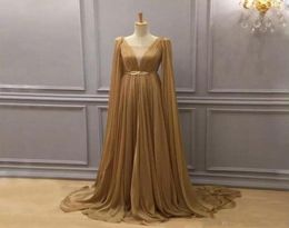 New Gold Arabic Formal Dresses Evening Wear with Cape Plunging Neck Evening Gowns Dubai A Line Chiffon Pleated Floor Length Prom D7866038