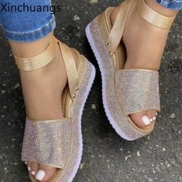 Sandals Women's Rhinestone Wedge Sandals Ladies Summer High Heels Platform Shoes Outdoor Open Toe Sandals