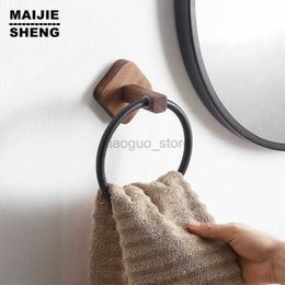 Towel Rings Aluminum+Wood Towel Ring Hand Towel Holder for Bathroom Towel Rack Hanger for Kitchen Wall Mount Heavy Duty Storage 240321