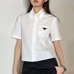Summer Women Shirt Designer Shirt Women Inverted Triangle Applique Shirt Lapel Single-Breasted Short Sleeved Luxury Blue