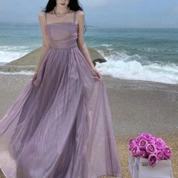 Vintage Spaghetti Strap Purple Long Dresses for Women Summer Sexy Tulle Pleats Fairy Evening Party Backless Female Clothing 240415