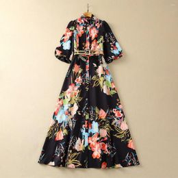 Casual Dresses European And American Women's Clothes 2024 Spring Stand Collar Seven-point Lantern Sleeve Printed Belt Fashion Pleated Dress