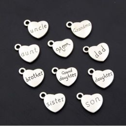 100pcs Antique Silver Mom Dad Son Heart Charms Family Member Pendants Bracelet Necklace Festival Jewelry Making Accessories DIY 17300z