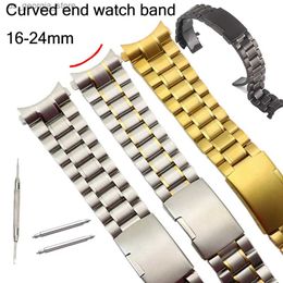 Watch Bands Curved End Stainless Steel band Wrist Bracelet 16mm 18mm 20mm 22mm 24mm Strap 5 Rows Silver Black Gold Metal Band Y240321