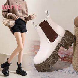 Boots Women Spring and Autumn Single Boot Round Toe Thick Sole Smoke Pipe Middle Sleeve Boots Coffee Short Boots mujer