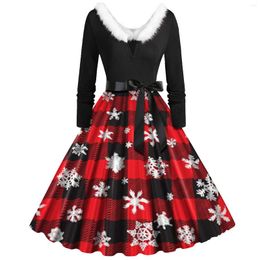 Casual Dresses Christmas Costumes Party Dress Women Long Sleeve V Neck Fur Collar 1950s Housewife Vintage Xmas Winter Rockabilly Robe