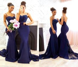 Navy Blue Lace Appliques Beaded Bridesmaid Dresses 2018 Spaghetti Straps Satin Mermaid Long Maid of Honor Formal Evening Wear Prom3827004