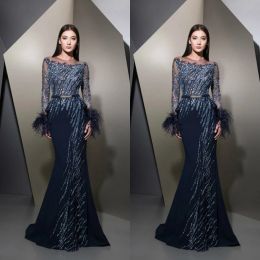 Mermaid Evening Dresses Feather Beads Sequins Long Sleeve Prom Gowns Plus Size Customised Formal Party Dress