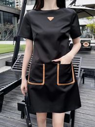 Women's Dress Designer's New Collage Logo Pocket Contrast Round Neck Short Sleeve Dress Fashionable and Elegant Casual Dress