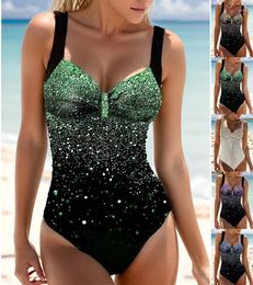 Women's Swimwear One Piece Classic Shiny Print Lace Up Push Flower Set Beach Wear S-3XL