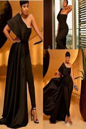 Plus Size African Sexy Black Jumpsuit Prom Dresses Appliques Sequins One Shoulder Overskirts Evening Dresses With Pant Suits Party6764457