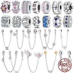 Loose Gemstones Spacer Clip Charms Safety Chain 925 Sterling Silver Love Daisy Heart Fit Original Bracelet Jewelry DIY Gift