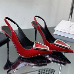Mirror Face Genuine Leather Slingback Pumps Women's Pointed Toes Geometry Stiletto Heel Dress 10cm Buckle Embellished Lace-up Heels Fashion