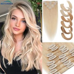 Extensions Rich Choices 8Pcs Clip in Hair Extensions Real Human Hair Clip in Natural Hairpieces 1024 inch Highlights Blonde Hair Weft