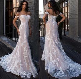 Erröten Rosa Meerjungfrau Brautkleider Elegante Off Schulter Applikationen Lace-up Zurück Brautkleider Sommer Boho Vestidos de novia BC2449