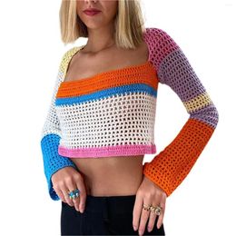 Women's T Shirts Womens Crochet Knit Crop Tops Long Sleeve Color Block Hollow Out Regular Fit T-Shirts