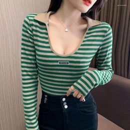 Women's Polos T Shirts With Sleeves Spring Polo Neck Shirt Long Sleeve Clothes Crop Top Striped Collar Trend Youth Luxury High Quality