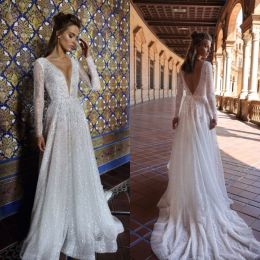Glitter Sequined A Line Wedding Dresses Sparkly Deep V Neck Long Sleeve Bridal Gowns Backless Boho robes de