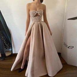 Elegant Mermai Prom Dress Sequined Top Body High Split A-Line Strapless Sexy Evening Dress Red Carpet Gowns Robe De Soiree