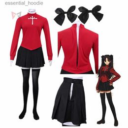 cosplay Anime Costumes Fate Stay Night Tohsaka Rin Cosplay is a childrens and girls Plus size red shirt short socks and hair clip setC24321