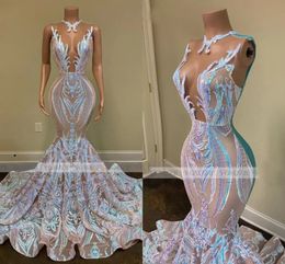 Black Girls Sparkly Sequin Long Prom Dresses Sexy Sheer O Neck Mermaid African Women Gala Evening Party Gowns Robes Bc10