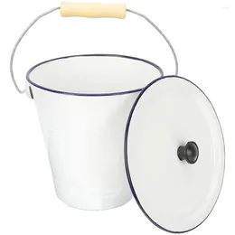 Storage Bottles Enamel Bucket With Lid White Vase Flower Container Metal Can Wooden Laundry Room Organization And Pail