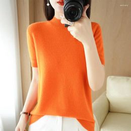 Women's T Shirts T-shirt Summer Worsted Sweater Short Sleeve Casual Solid Half Turtle Collar Ladies Tops Loose Blouse Basic Pullover Tees