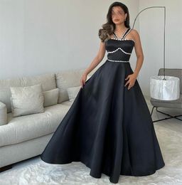 Long Black V-Neck Beaded Evening Dresses With Pockets A-Line Satin Sleeveless Floor Length Zipper Back Prom Dresses for Women