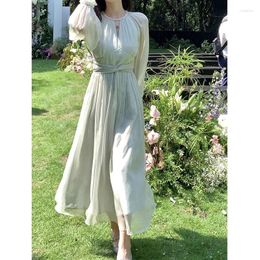 Casual Dresses French Elegant Beading Dress Autumn Chiffon Long Office Lady Vintage Party Dinner Women One Piece Q570