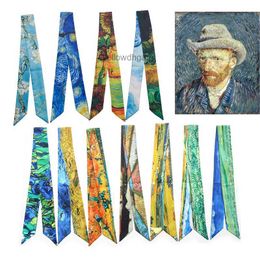 Art Van Gogh wheat field apricot flower starry sky oil painting slender narrow ribbon binding bag handle Silk Scarf Hair Band Scarf