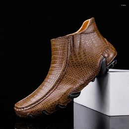 Casual Shoes Brand Men Leather Trend Crocodile Pattern Comfortable Loafer British Fashion High Top Moccasins