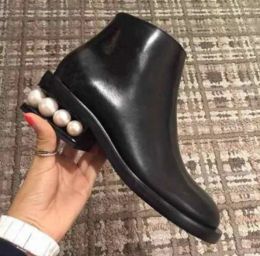 Boots New style short boots round toe short boots square heel women's shoes autumn and winter pearl side zipper women's boots