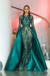 Dark Green Mermaid Evening Dresses With Detachable Overskirt Long Sleeve Satin Evening Gowns Celebrity Evening Wear Abendkleider2929601