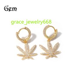 New full diamond maple leaf fashion exaggerated hip hop Earrings trend AAA Zircon Earrings with copper inlay