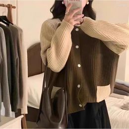 Women's Knits Color Matching Long Sleeve Round Neck Knitted Cardigan Loose All-match Soft Waxy Sweater Jacket