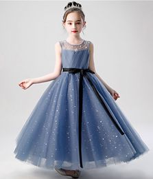 Pretty Blue Tulle Jewel Ruffles Beads Flower Girl Dresses Girl's Pageant Dresses Girls Birthday/Party Skirt Girl Everyday dress Custom SZ 2-12 D321070