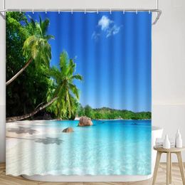 Shower Curtains Ocean Curtain Seaside Beach Palm Tree Waves Nature View Boat Sunshine Summer Mediterranean Polyester Bathroom Decor Sets