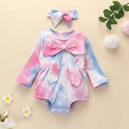 Rompers Long Sleeve Onesie Born Baby Clothes Girl Bow Bodysuits Tie Dye Print Ribbed Infant Outfits