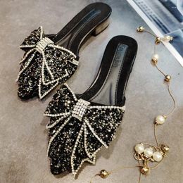 Dress Shoes Luxury Big Rhinestone Bow Sandals Women Pointy Black/silver Crystal Knot Slides Woman Glitter Flip Flops Size 41