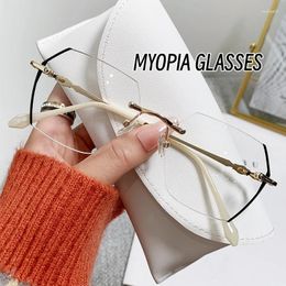 Sunglasses 2024 Frameless Diamond Cut Edge Myopia Finished Glasses For Women Fashion Large Face Slimming Anti Blue Light Eyeglasses