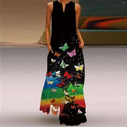 Casual Dresses Women's Fashion Printed Long Runway Dress Sexy Sleeveless V-Neck Maxi Elegant Beach Party Vestidos