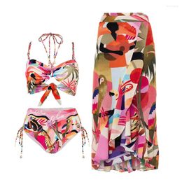 Women's Swimwear Colorful Sea Parrot Print Suspenders Bikini Sexy Patchwork Halter Swimsuit Two-Piece Beachwear 2024 Women Irregular Skirt