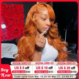 13x4 13x6 200 Density Transparent HD Lace Front Wig for Women Body Wave Remy Human Hair Ginger Orange Colour Glueless
