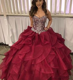 Luxury Crystals Beading Quinceanera Dresses Sweetheart Corset Burgundy Organza Princess Sweet 16 Ball Gown 2018 Prom Dress Vestido3185162