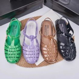 Sandals Summer Melissa Women's Flat Shoes Ladies Shiny Candy Color Hollow Woven Beach Shoes Adult Nonslip Roman Sandals Female 99838