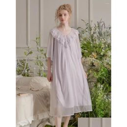 Womens Sleepwear Vintage Modal Gauze Princess Long Nightgowns Forwomen Deliacate Embroidery Loose Royal Spring Summer Sweet Dress Drop Ot6Lx